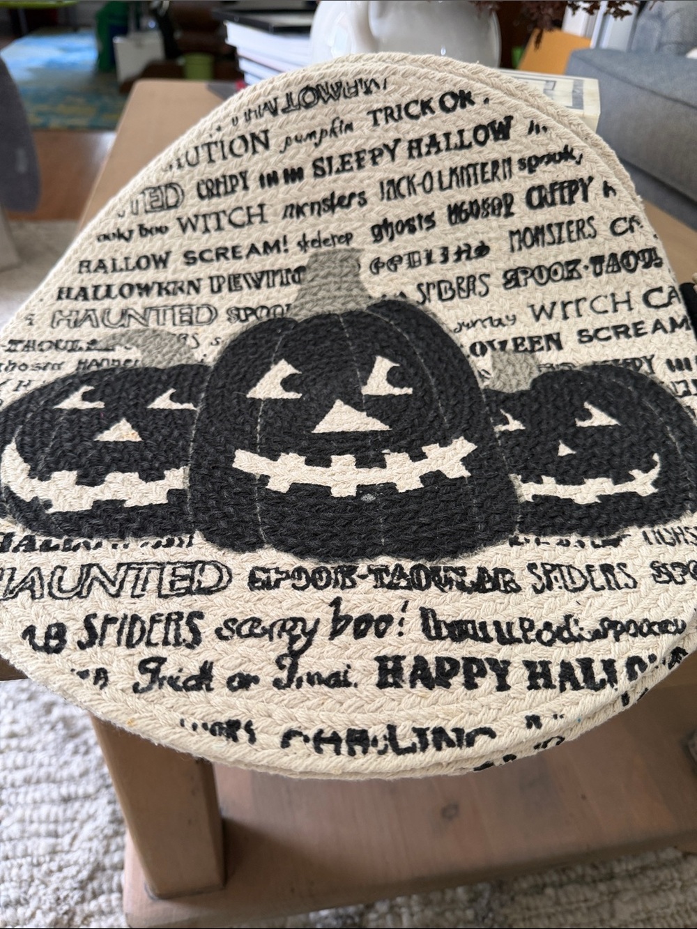 NWOT - Halloween Pumpkin Jute Placemats (6)- Black/Cream and (1) kitchen towel